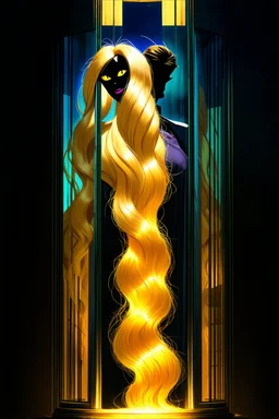 bizarre surreal arafed art, (((heavily stylized Rapunzel))) inside an urban vector tower made of glass columns and dark perpendiculars, (((no facial details))), black revert facial silhouette, demonic yellow slit eyes, fuzzy interlocking untamed hair, long glowing blonde hair like a golden waterfall sweeping into a massive vertical pillar, deconstruct aesthetic, spindle shock, elegant Art Nouveau features with Klimt gold leaf textures, warm yellow orange beige and amber light reflections, abstra