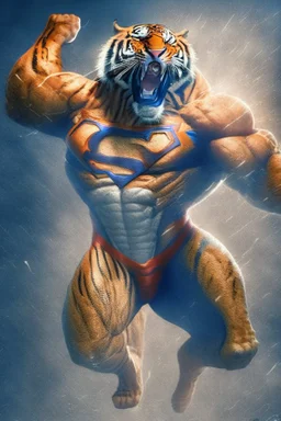 A picture of a roar tiger in the form of a superman, a professional, high JPEG image