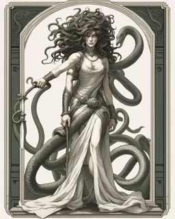 full-length, detailed persona, sword in hand, gorgon medusa, from the back, half-turn, full-length, leans on one leg, snakes on the head instead of hair