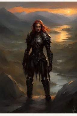 A formidable warrior girl in black armor, on the background Amazing gloomy landscape, flooded with sunset, mountains, trees, fabulous scary hero, , juicy emotions, painting, dark fantasy, gloomy day, dark world, portrait, by James Paick & Anna Razumovskaya