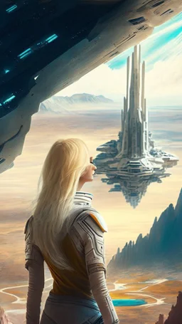 blond woman looking down on a sci-fi landscape with spaceship, detailed matte painting, fantastical