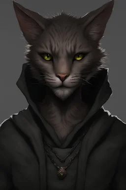 Male khajiit with grey fur and Hazel eyes wearing a black hoodie