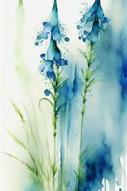 Abstract wet watercolour, blue green stalks delphiniums, centered
