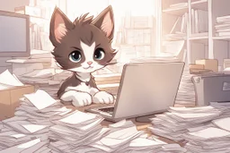 Cute fluffy chibi pixar brunette kitten working very hard at a desk, surrounded by lots of paper, computers and paper boxes, in the sunlight.