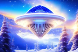 white spaceship ufo with light in the below. the landscape is a fairy colourfull forest with snow sweety mountains. the sky is blu with stars and brightness beam