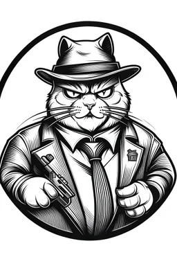 create a round logo with a fat tomcat holding a gun wearing glasses and giving gangster vibes it should be transparent without color