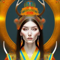 Mongol Goddess with antlers, portrait, detailed