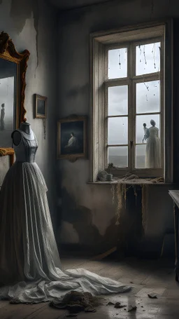 An old dusty wedding dress hanging on the wall by a broken a big mirror on the wall of an abandoned room , stormy foggy sky in the from the window in the background, Bosch painting style, sad and tragic and dark scenes