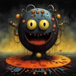 sinister surreal horror Pac-man avatar with eyes clamped open like in Clockwork Orange forcing it to watch scary videos of Pac-man ghosts while being pumped full of nausea-inducing chemicals, horrible frowny expression, color ink illustration, horror, surreal, gritty by Chris Friel and Zdzislaw Beksinski