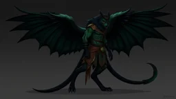 Sylvanus is a sleek and muscular Hadozee, with dark green fur and piercing gold eyes. His fur is adorned with intricate tribal tattoos that glow faintly under moonlight, signifying his status as a skilled hunter. His prehensile tail is tipped with a sharp, retractable blade. He stands at an impressive 7 feet tall with a wingspan of 12 feet, allowing him to glide gracefully through the air. His attire consists of a mix of lightweight leather armor and stealthy clothing made from the materials of