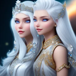 Ice Princess with white hair smilling, a crown with precious stones, bright background