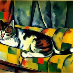 oil portrait of tricolor pattern Cat sleeping in a sofa by Paul Cézanne 8k