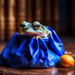 frog in a blue bag eating nutmeg