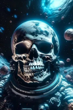 An astronaut turned into a skull floats in the abyss of space, surrounded by a cosmic ocean of galaxies and nebulae that form unique constellations. The bubbles surrounding him contain fragments of knowledge and secrets of the universe. The shot is taken with an 18 mm wide-angle camera, in 8k photorealism, creating an image that evokes amazement and admiration at the immensity of the cosmos. Gold.