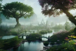 Magical fantasy elven city misty forest rivendell tree flower pink green yellow beautiful nature river 4k full hd