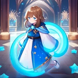 Clear focus, High resolution, A anime teen, cute, rough line skecth, star around kid, sparkling eyes, medium fluffy brown hair, blue sparkling eyes, 1girl (solo), wearing a blue snow cloak and a white shirt, epic battle stance, (((Full body)))