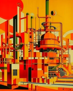An orange colored mechanical factory with arrows painted by Wassily Kandinsky