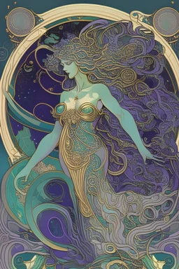 A captivating, Art Nouveau-inspired illustration of Venus, the goddess of love, merged with the planet Venus, showcasing swirling and flowing lines, intricate patterns, and a striking color palette of gold, emerald, and deep purple.