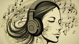 photo tête femme avec casque d'écoute et quelques notes de musique