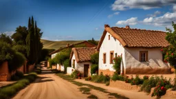 old village houses, European village, dirt road, the last house on the street is the oldest, with an old roof, adobe house, rose bushes in front of the house street photo, cloudy sky