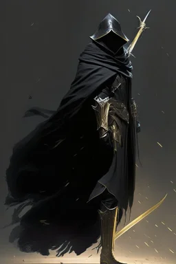 A commander with a black cloak and a long coat with long combat boots and a long spear with his Helmet is golden under his cloak like assasins