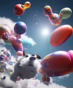 Ultra realistic speed clouds sky scene, wide angle view, child falling down with many Children background, inflatable monsters, circus dress style, feather color, free jumping flying, many trinkets, hair monster, many jelly beans, balls, color smoke, smile, happy, extreme, wind, clouds sea, 20,000 feet altitude, stratosphere, soft color, highly detailed, unreal engine 5, ray tracing, RTX, lumen lighting, ultra detail, volumetric lighting, 3d, finely drawn, high definition.