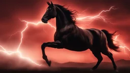 full silhouette of a horse rearing up(outlined by lighting), plus red sky with lightning bolt of electricity traveling (from top right to bottom left), speed force