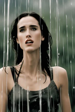 Beautiful 25 year-old Jennifer Connelly is standing outside in a rain shower with no rain-coat, umbrella, or hat on, with her head tilted up to the sky, her tongue sticking out and catching raindrops, as if reliving a childhood memory.