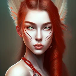 Portrait, heroic fantasy, woman, dark skin, metis, Indian, one red hair strand, 20 years old, half-hawk haircut