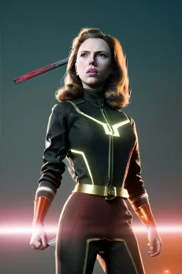 retro portrait image from 1960, explosion background, wind, long hair, young Scarlett Johansson, classic black tight lycra suit, metal stick weapon, gold bracelet and belt, high heel boots, soft color, highly detailed, unreal engine 5, ray tracing, RTX, lumen lighting, ultra detail, volumetric lighting, 3d, finely drawn, high definition, high resolution.