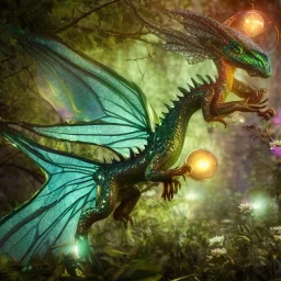 closeup of stunning, adorable baby dragon, iridescent wings, glittery scales, in forest with globes of light, flowers, 8k resolution, 3D octane render, intricate, sharp, crisp, digital art, detailed matte, volumetric lighting, Anne Dittman, Anne Stokes, Lisa Parker, Selina French, greg rutowski