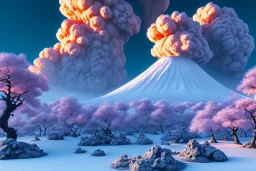 Japanese Fuji Mountain,eruption lava flows into snow , concept art, smooth, extremely sharp detail, finely tuned detail, ultra high definition, 8 k, unreal engine 5, ultra sharp focus, illustration, magic ambient,bonsai cherry blossom trees , japanese gondolas .