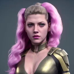 Actress, young Katheryn Winnick, android woman, gold tees, circuits in face, glow painted face, shaved hair, ghost in the shell, leather coat, elastic bodysuit, cyber punk, neon, army, bamboo, blood, portrait, gradient background, unreal engine 5, soft color, 16 bit, god lights, ray tracing, RTX, lumen lighting, ultra deatail, volumetric lighting, 3d, finely drawn, hd.