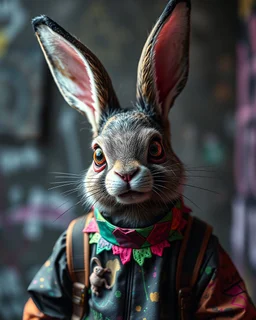 a zombie bunny with a colored collar, in the style of cyberpunk futurism, playful yet dark, colorful costumes, lit kid, honeycore, made of insects, ultra realistic, real hairs, brightly colored graffiti-esque --ar 4:5 --v 6.0 --style raw