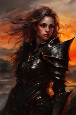 A formidable warrior girl in black armor, on the background Amazing gloomy landscape, flooded with sunset, mountains, trees, fabulous scary hero, , juicy emotions, painting, dark fantasy, gloomy day, dark world, portrait, by Anna Razumovskaya