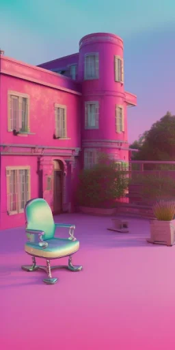 Snoop dogg, sitting. a chair. pink houses, pink sky, pink smoke, trees, outdoors. Groove street. 28mm