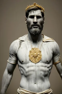 Ultra Realistic image, Roman sculpture, white marble material, Lionel Messi, gold crown of natural thorns, god crown, gold veins, gold ornaments, Renaissance style, sun rays background, waist up portrait, epic, celestial, cinematic lighting, God lights, 4k resolution, smooth details, soft lighting, unreal engine 5, art station, substance 3d.