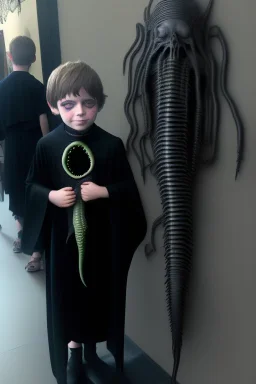 7 year old boy, necromancer, friendly, looks dead,with a long lamprey emerging from his belly , wearing black robes, in the style of H.R. Giger