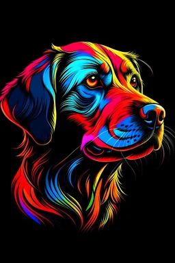 a cute dog, vivid colors, crisp line art , black background , aspect ratio = 2:3