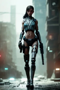 beautiful gun hold girl robot, post-apocalyptic in a cyberpunk city, realistic, intriacte detail, sci-fi fantasy style, volumetric lighting, particales,highly detailed,cinamatic, deep