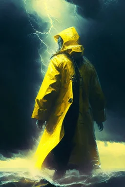 dead seafarer i yellow raincoat, storm, lightening, depth of field, fantasy art, 4k, highly detailed, sunlight through clouds