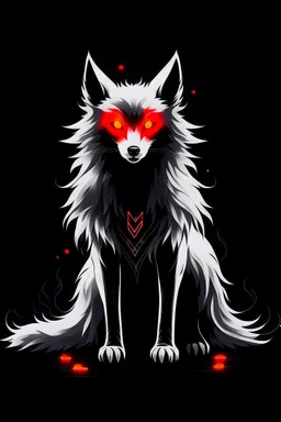 Super cool ghostly spiritual kitsune with menacing glowing eyes In a pitch-black room. It sits alone staring straightly and deeply at us, it has a painted-anime style.