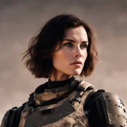 beautiful sexy caucasian female soldier, black metal body and limbs, visible cybernetic limbs, scratched sand camo, no armor, short brunette wavy bob haircut, dystopian, desert scene