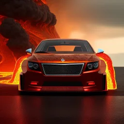 wide view of detailed phong shaded rendering of a car made of molten lava, headlights, bumpers