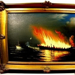 1800s French Impressionism painting, paint, warship burning, fire, ocean, night