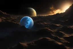 in space, a blue and yellow globe on a black background, a digital rendering, inspired by Lorentz Frölich, terraformed mars, round clouds, morrowind, rendered in arnold engine