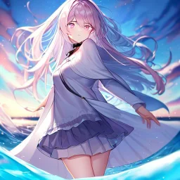 Clear focus,High resolution, Blue long hair, Light pink eyes,Wearing a white cloak,Wearing a pink short skirt,wearing a black collar,Looking away from the viewer, Blurry floating water