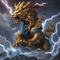 Decorative dragon lion fighting lightning in the form of Zeus.