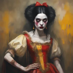 a Hideous, horrifying, frightening black-haired female Zombie Snow White, wearing a red leather sling suit with a gold/yellow bat emblem on the waist, dark, multicolored watercolor stained wall in the background, oil painting in the art style of Gilbert Stuart, 32k UHD, Hyper realistic, photorealistic, realistic, sharp, highly detailed, professional quality, beautiful, awesome, majestic, superb, trending on artstation