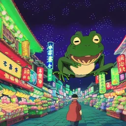 Night scene. A frog smiling, smiling with teeth, happy. Night Scene. Colorful Market. Dark. Black. festival lights. Festival. Market. Japanese lanterns. sparkle. Bokeh, Fisheye. Distorted. party. confetti. playful. Saturated.